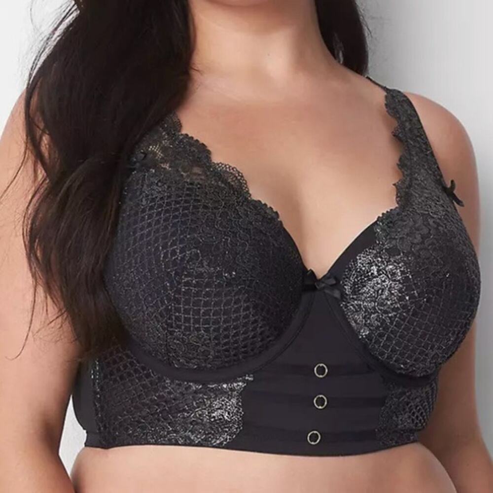Cacique Women's 46DDD Black & Gold Foil Longline Lightly Lined Balconette Bra
